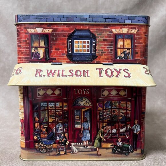 VTG Metal Tin Toy Shop Front Canister With Canopy. Dept 56 9” Tall 5”W.& D. - Picture 1 of 6